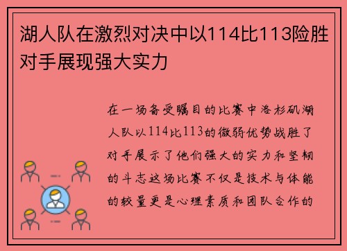 湖人队在激烈对决中以114比113险胜对手展现强大实力